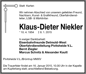 Anzeige  Klaus-Dieter Niekler  Lippische Landes-Zeitung
