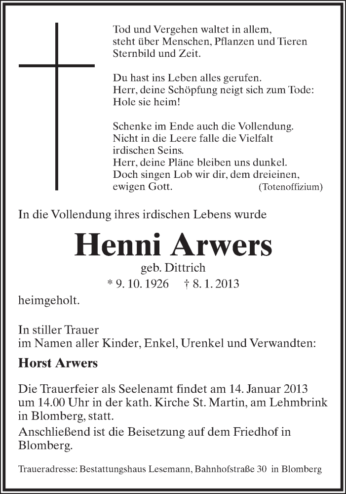  Traueranzeige für Henni Arwers vom 10.01.2013 aus Lippische Landes-Zeitung
