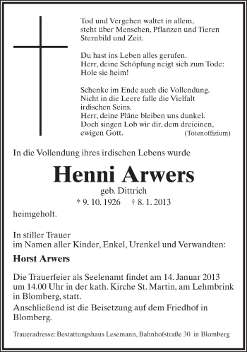 Anzeige  Henni Arwers  Lippische Landes-Zeitung