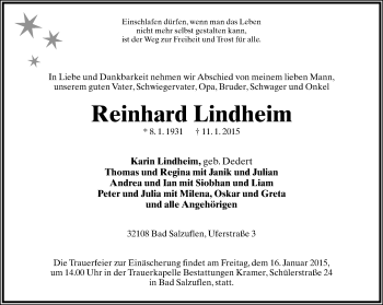 Anzeige  Reinhard Lindheim  Lippische Landes-Zeitung