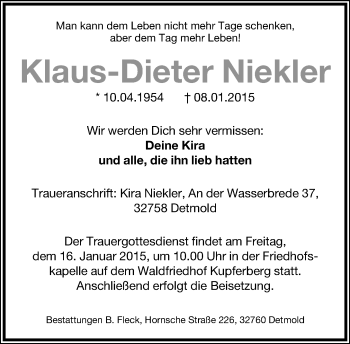Anzeige  Klaus-Dieter Niekler  Lippische Landes-Zeitung