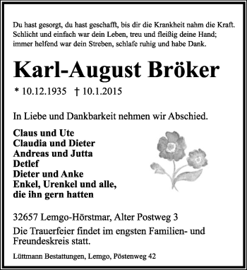 Anzeige  Karl-August Bröker  Lippische Landes-Zeitung