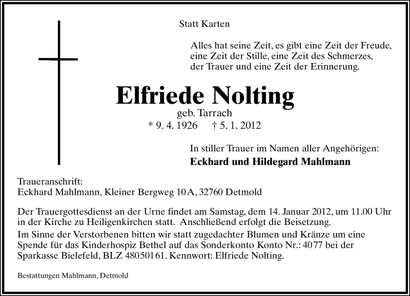  Traueranzeige für Elfriede Nolting vom 11.01.2012 aus Lippische Landes-Zeitung