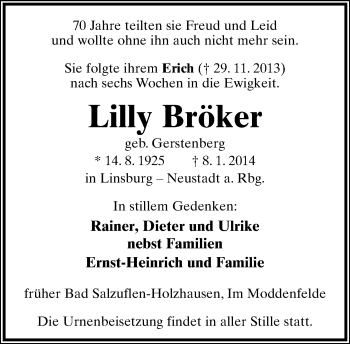 Anzeige  Lilly Bröker  Lippische Landes-Zeitung