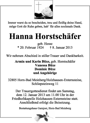 Anzeige  Hanna Horstschäfer  Lippische Landes-Zeitung