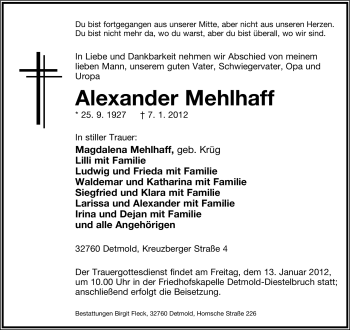 Anzeige  Alexander Mehlhaff  Lippische Landes-Zeitung