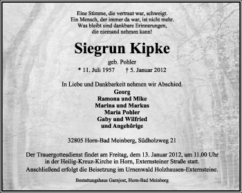 Anzeige  Siegrun Kipke  Lippische Landes-Zeitung