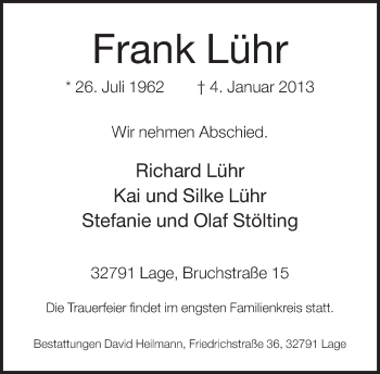 Anzeige  Frank Lühr  Lippische Landes-Zeitung