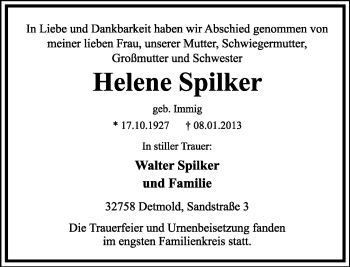 Anzeige  Helene Spilker  Lippische Landes-Zeitung