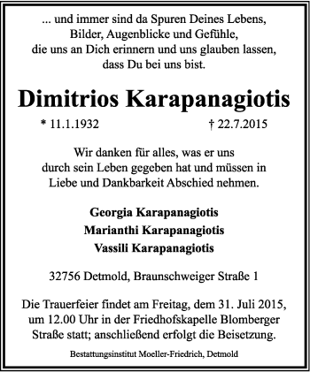 Anzeige  Dimitrios Karapanagiotis  Lippische Landes-Zeitung