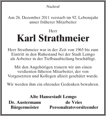 Anzeige  Karl Strathmeier  Lippische Landes-Zeitung