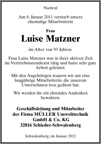 Anzeige  Luise Matzner  Lippische Landes-Zeitung