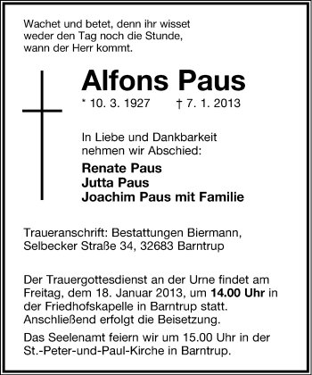 Anzeige  Alfons Paus  Lippische Landes-Zeitung