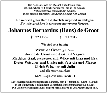 Anzeige  Johannes Bernardus de Groot  Lippische Landes-Zeitung