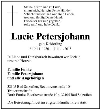 Anzeige  Lucie Petersjohann  Lippische Landes-Zeitung