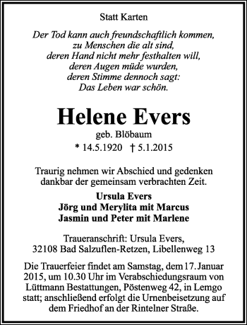 Anzeige  Helene Evers  Lippische Landes-Zeitung