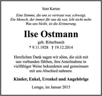 Anzeige  Ilse Ostmann  Lippische Landes-Zeitung