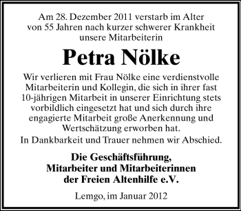 Anzeige  Petra Nölke  Lippische Landes-Zeitung