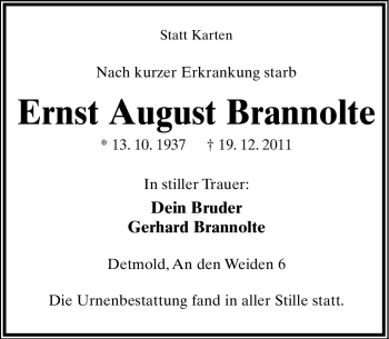Anzeige  Ernst August Brannolte  Lippische Landes-Zeitung