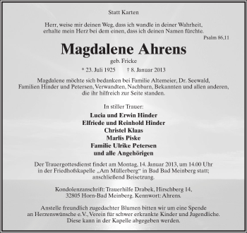 Anzeige  Magdalene Ahrens  Lippische Landes-Zeitung