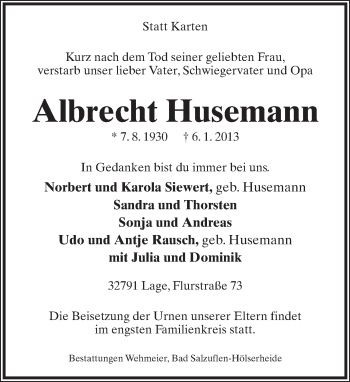 Anzeige  Albrecht Husemann  Lippische Landes-Zeitung