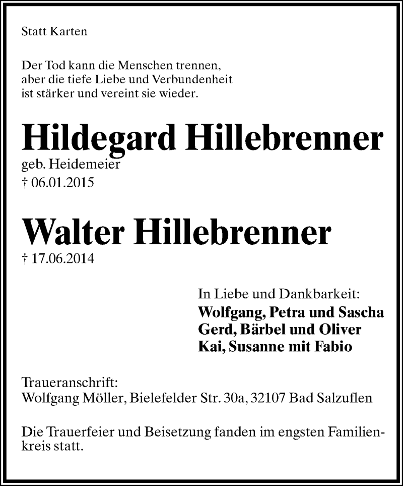  Traueranzeige für Hildegard und Walter Hillebrenner vom 14.01.2015 aus Lippische Landes-Zeitung