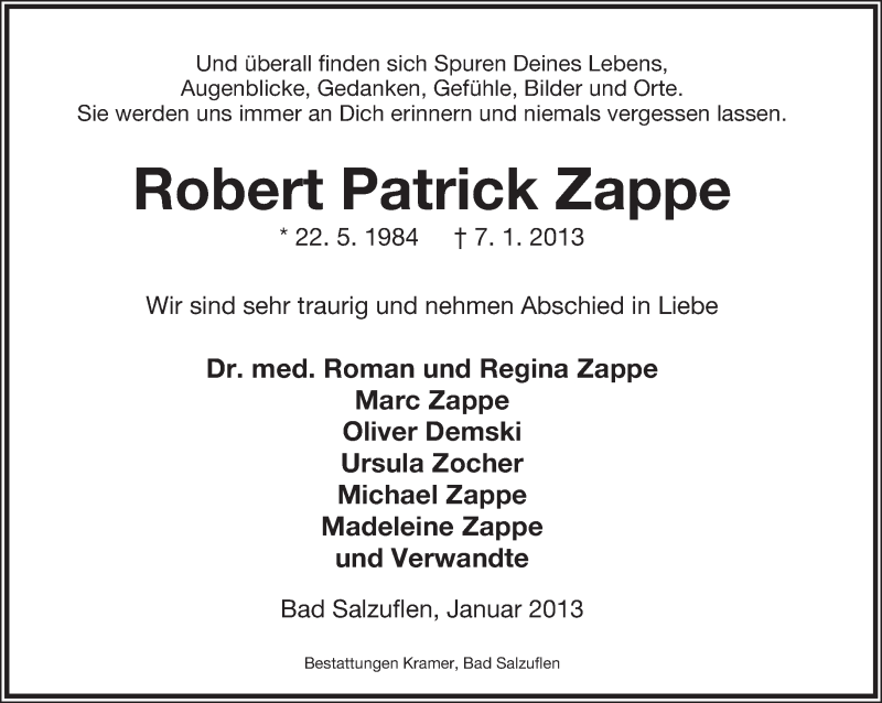  Traueranzeige für Robert Patrick Zappe vom 12.01.2013 aus Lippische Landes-Zeitung