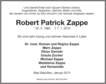 Anzeige  Robert Patrick Zappe  Lippische Landes-Zeitung