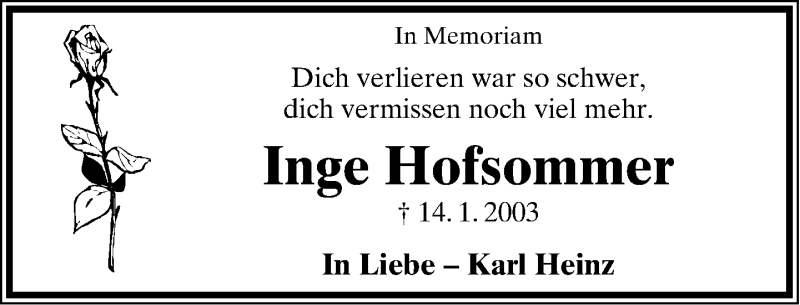  Traueranzeige für Inge Hofsommer vom 14.01.2013 aus Lippische Landes-Zeitung