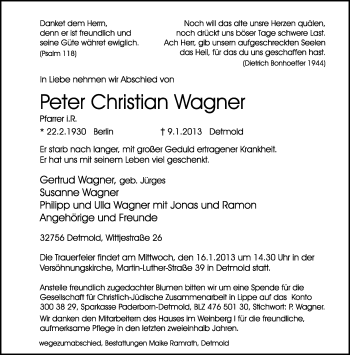Anzeige  Peter Christian Wagner  Lippische Landes-Zeitung