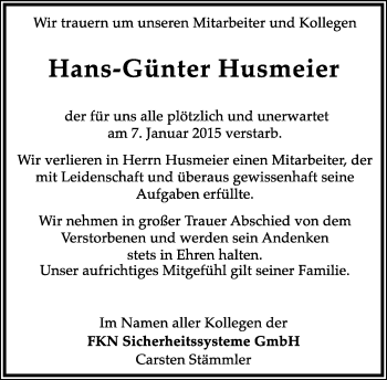 Anzeige  Hans-Günter Husmeier  Lippische Landes-Zeitung