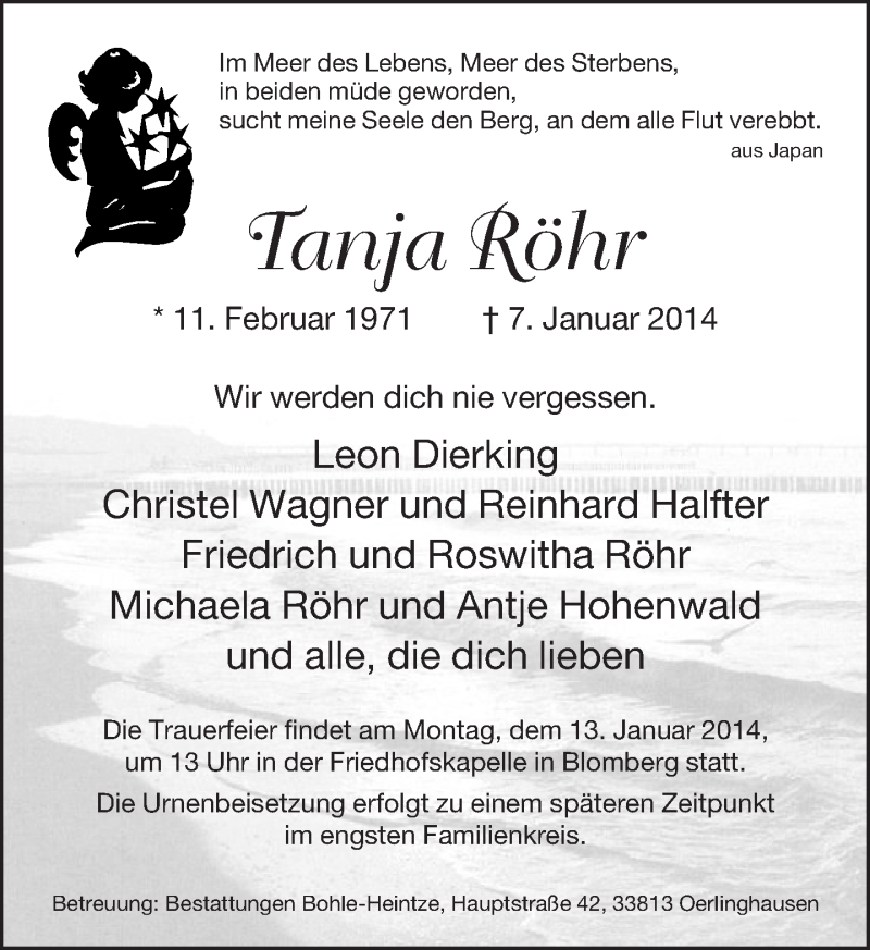 Traueranzeige für Tanja Röhr vom 11.01.2014 aus Lippische Landes-Zeitung