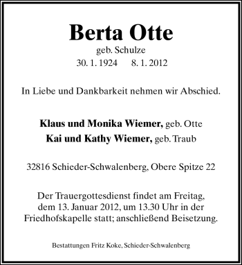 Anzeige  Berta Otte  Lippische Landes-Zeitung
