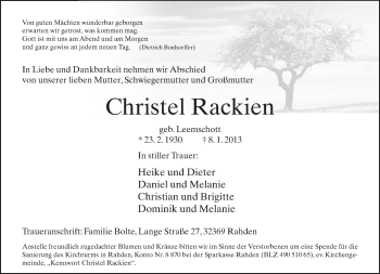Anzeige  Christel Rackien  Lippische Landes-Zeitung
