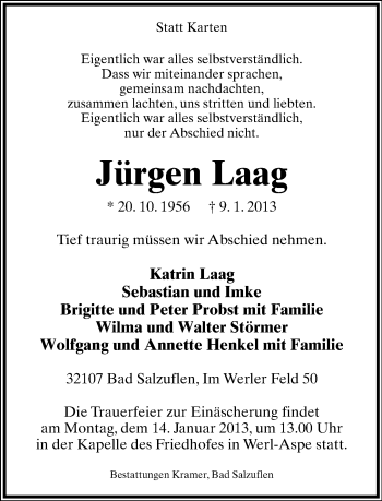 Anzeige  Jürgen Laag  Lippische Landes-Zeitung