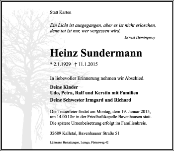 Anzeige  Heinz Sundermann  Lippische Landes-Zeitung