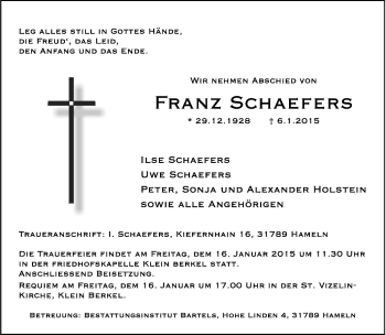 Anzeige  Franz Schaefers  Lippische Landes-Zeitung