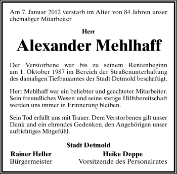 Anzeige  Alexander Mehlhaff  Lippische Landes-Zeitung