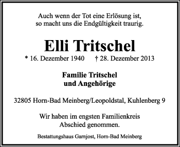 Anzeige  Elli Tritschel  Lippische Landes-Zeitung