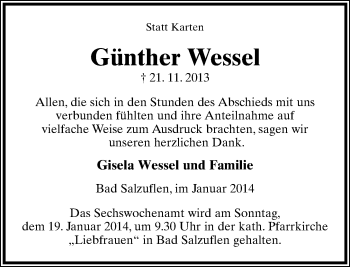 Anzeige  Günther Wessel  Lippische Landes-Zeitung