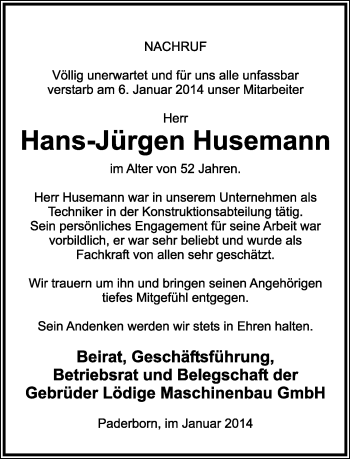 Anzeige  Hans-Jürgen Husemann  Lippische Landes-Zeitung