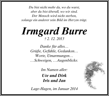 Anzeige  Irmgard Burre  Lippische Landes-Zeitung