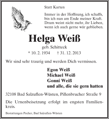 Anzeige  Helga Weiß  Lippische Landes-Zeitung
