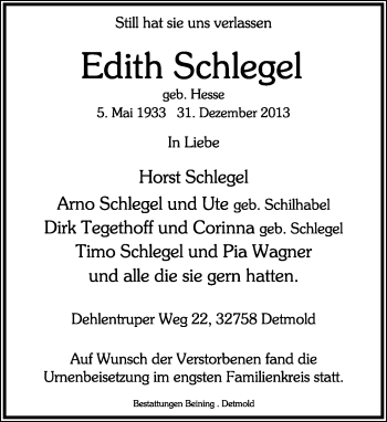 Anzeige  Edith Schlegel  Lippische Landes-Zeitung