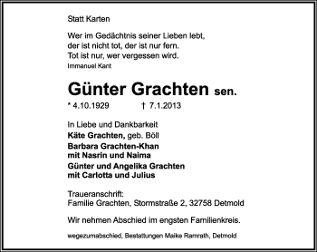 Anzeige  Günter Grachten  Lippische Landes-Zeitung