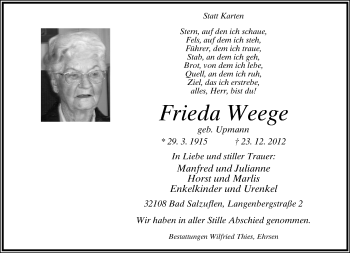 Anzeige  Frieda Weege  Lippische Landes-Zeitung