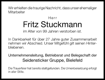 Anzeige  Fritz Stuckmann  Lippische Landes-Zeitung
