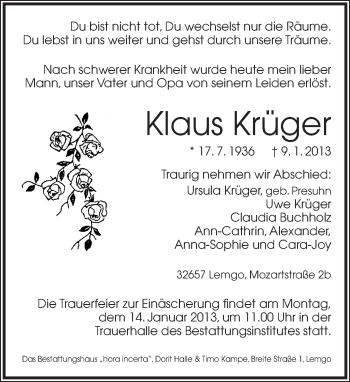 Anzeige  Klaus Krüger  Lippische Landes-Zeitung