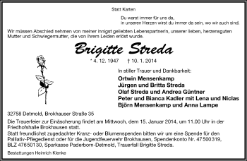 Anzeige  Brigitte Streda  Lippische Landes-Zeitung