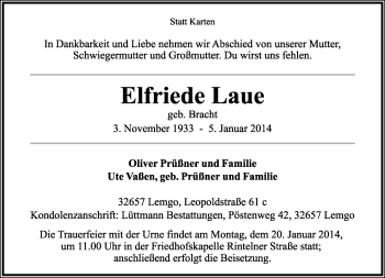 Anzeige  Elfriede Laue  Lippische Landes-Zeitung